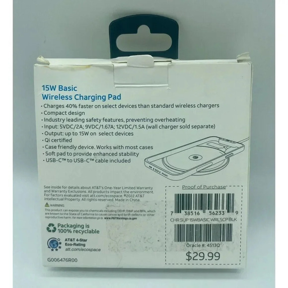 AT&T‎ 15W Fast Charge Wireless Charging Pad Black Fully Tested - Picture 2 of 3